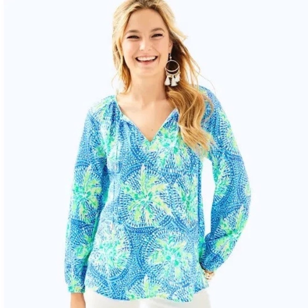 Lilly Pulitzer Willa Top Tropic Like Its Hot Bennet Blue Rayon Blouse XS 23646